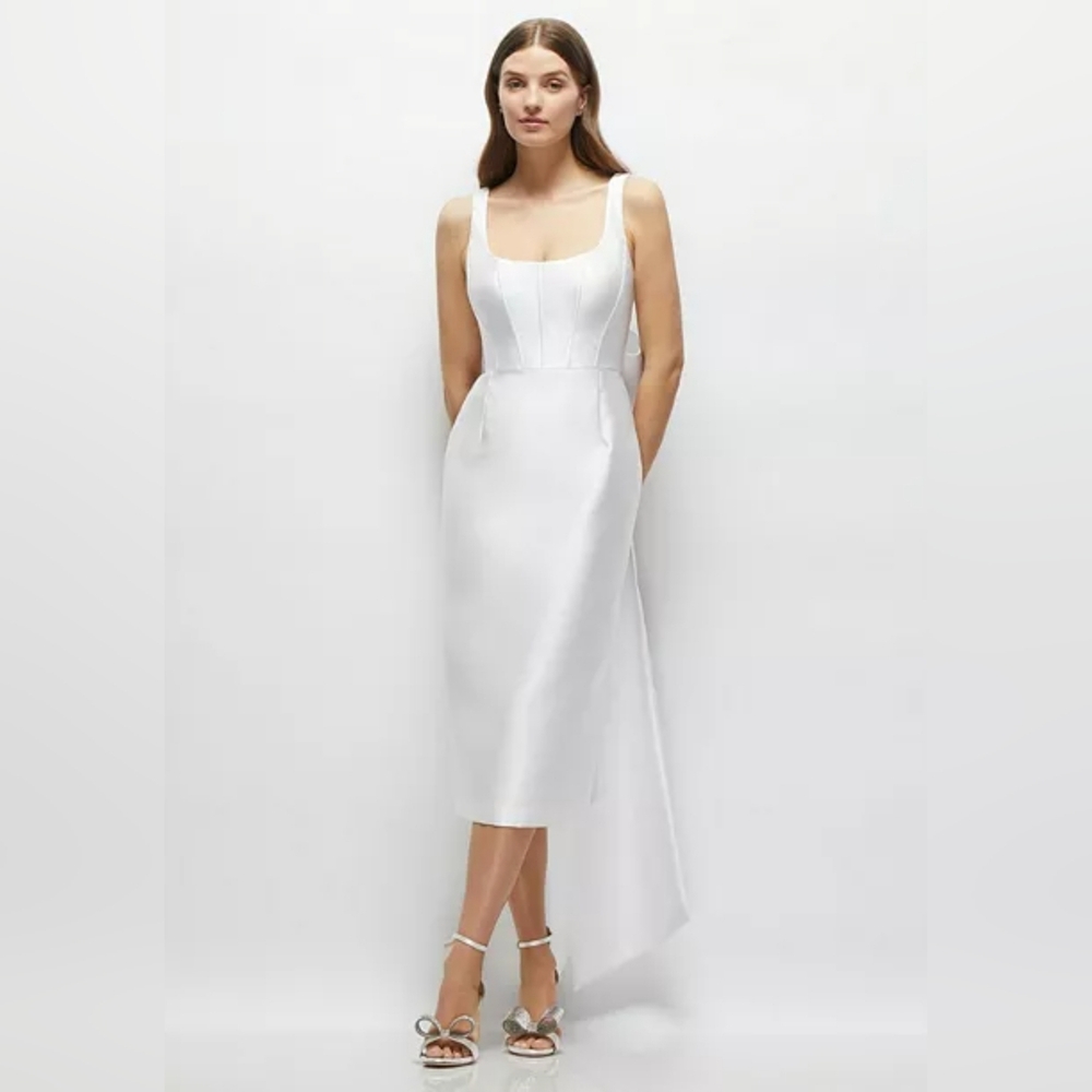 ALFRED SUNG Scoop Neck Satin Midi Dress With Floor-length Bow Tails